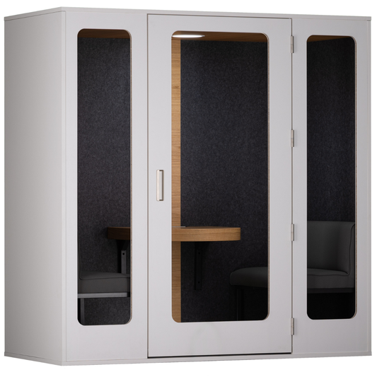 A modern white acoustic meeting room or office partition with three glass-paneled doors, dark textured interior walls, and a small wooden table extending from the center door.