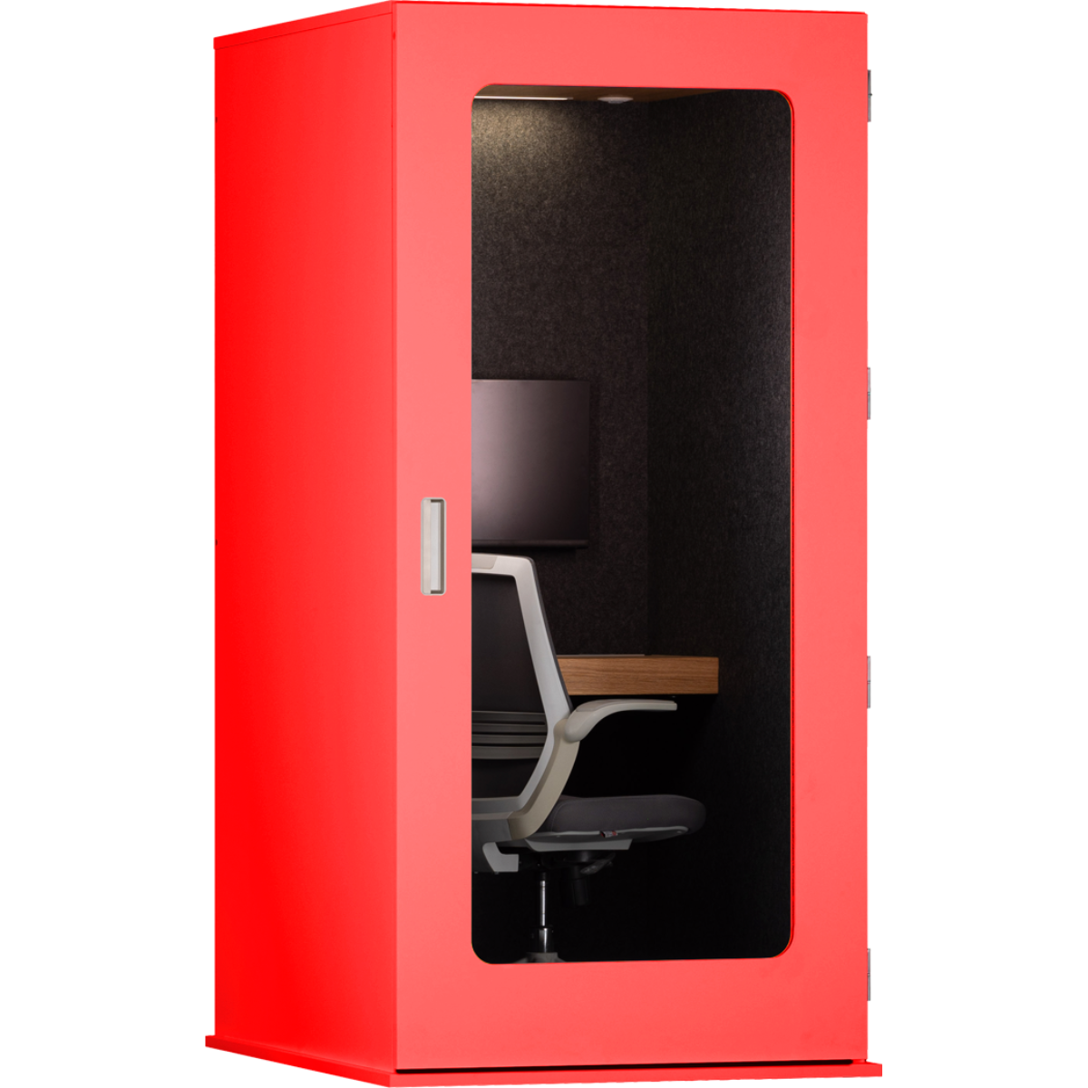 A bright red office phone booth with a glass door, showing a black office chair and desk inside, isolated on a white background.