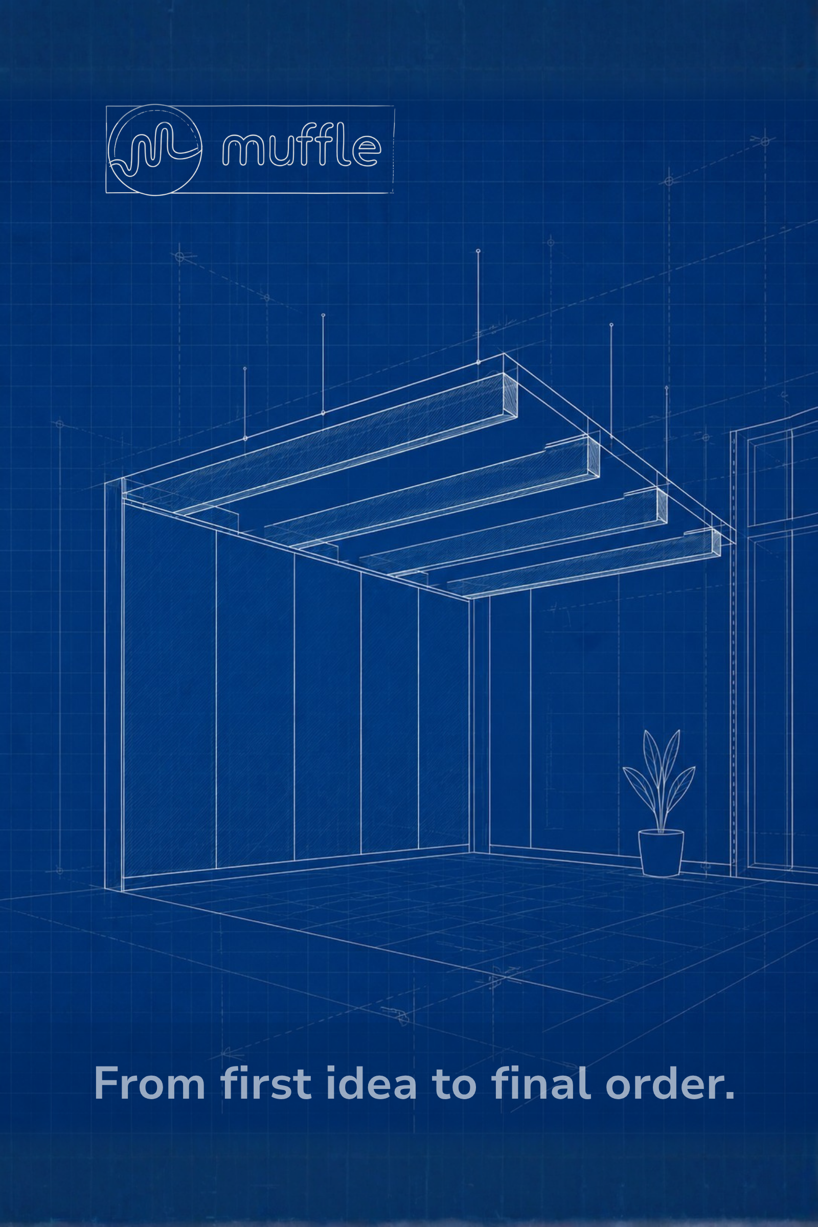 Architectural blueprint showing acoustic wall panels and suspended ceiling baffles